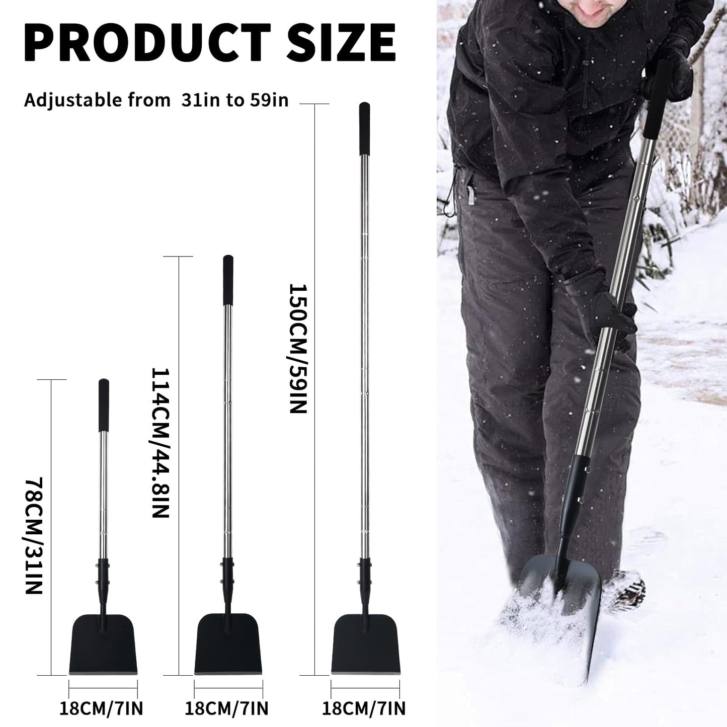 BARAYSTUS Flat Shovel with Adjustable Handle, 59 in Floor Scraper, Ice Scraper, Garden Cleaning Tool, Ice Chopper, Snow Shovel, Multifunctional Weed Remover for Walkway Driveway