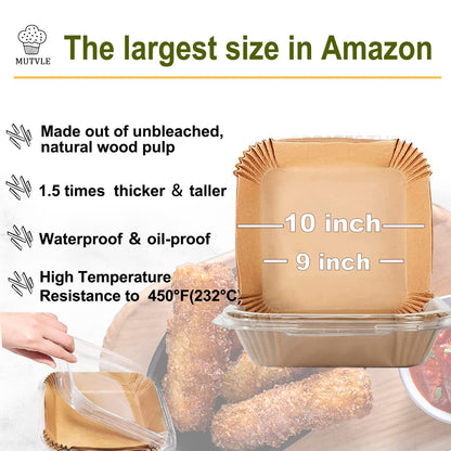 10 Inch Largest Square Air Fryer Disposable Paper Liner, XXL 100Pcs Air Fryer Parchment Paper Liners for 8QT or Bigger Air Fryer, Non-stick, Food Grade Baking Paper for Frying, Roasting and Microwave