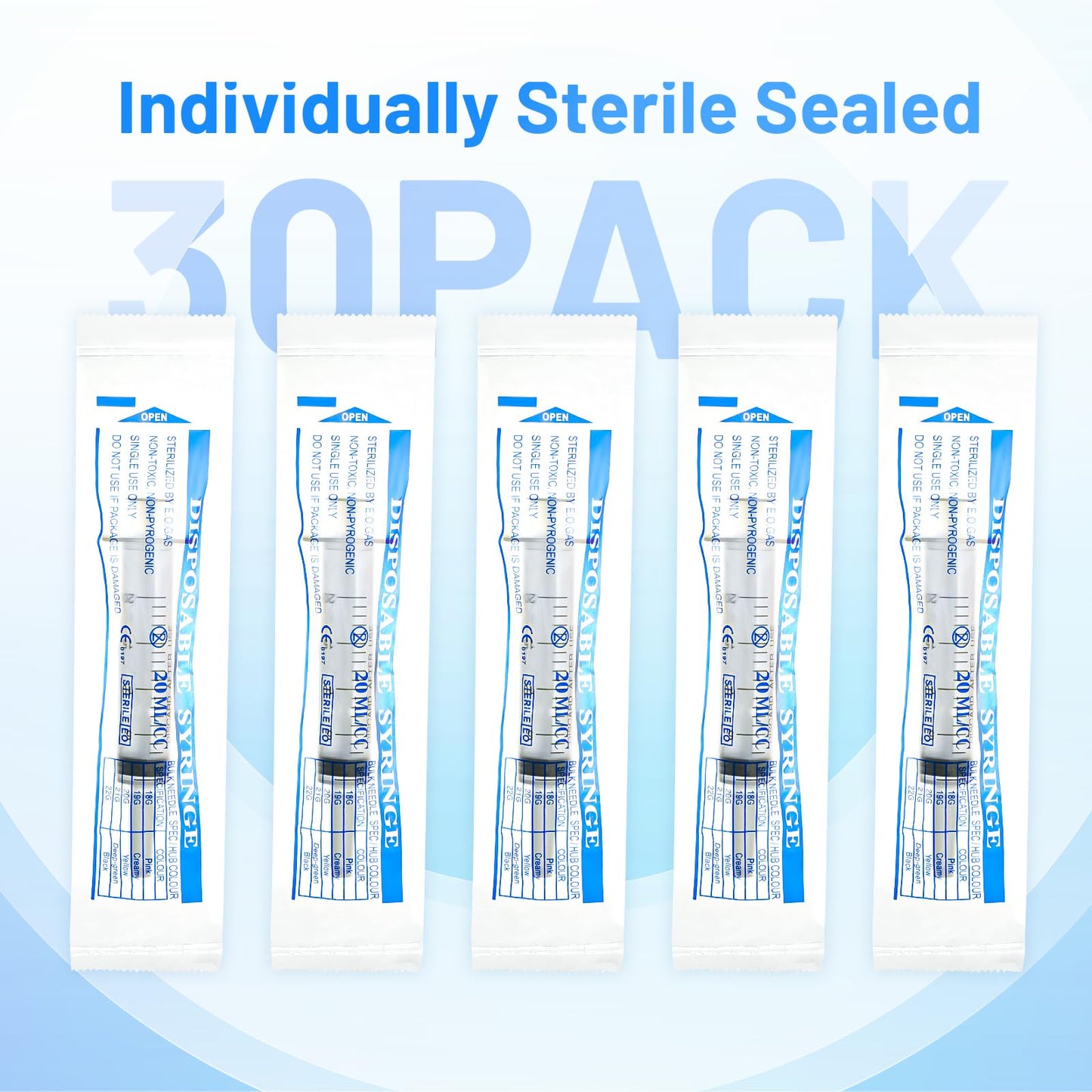 20ml Plastic Syringe with Cap, Large Syringes without Needle for Liquid, Scientific Labs, Measurement, Pet Feeding ,Ink Refilling ,Oil or Glue Applicator, Individually Wrapped (30 Pack)