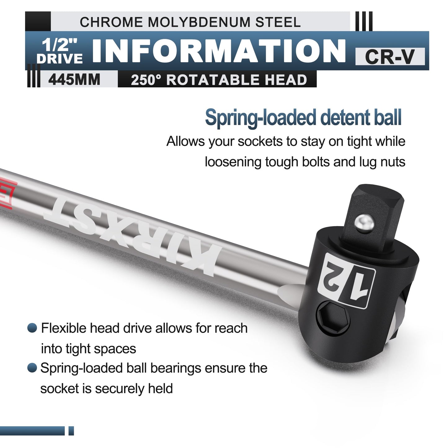 17.5-Inch 1/2” Drive Breaker Bar, Heavy Duty Extension Breaker Bar, 250° Rotatable Head, Premium Chromium Molybdenum Steel, Mechanical Work, Automobile and Motorcycle Maintenance and Repair
