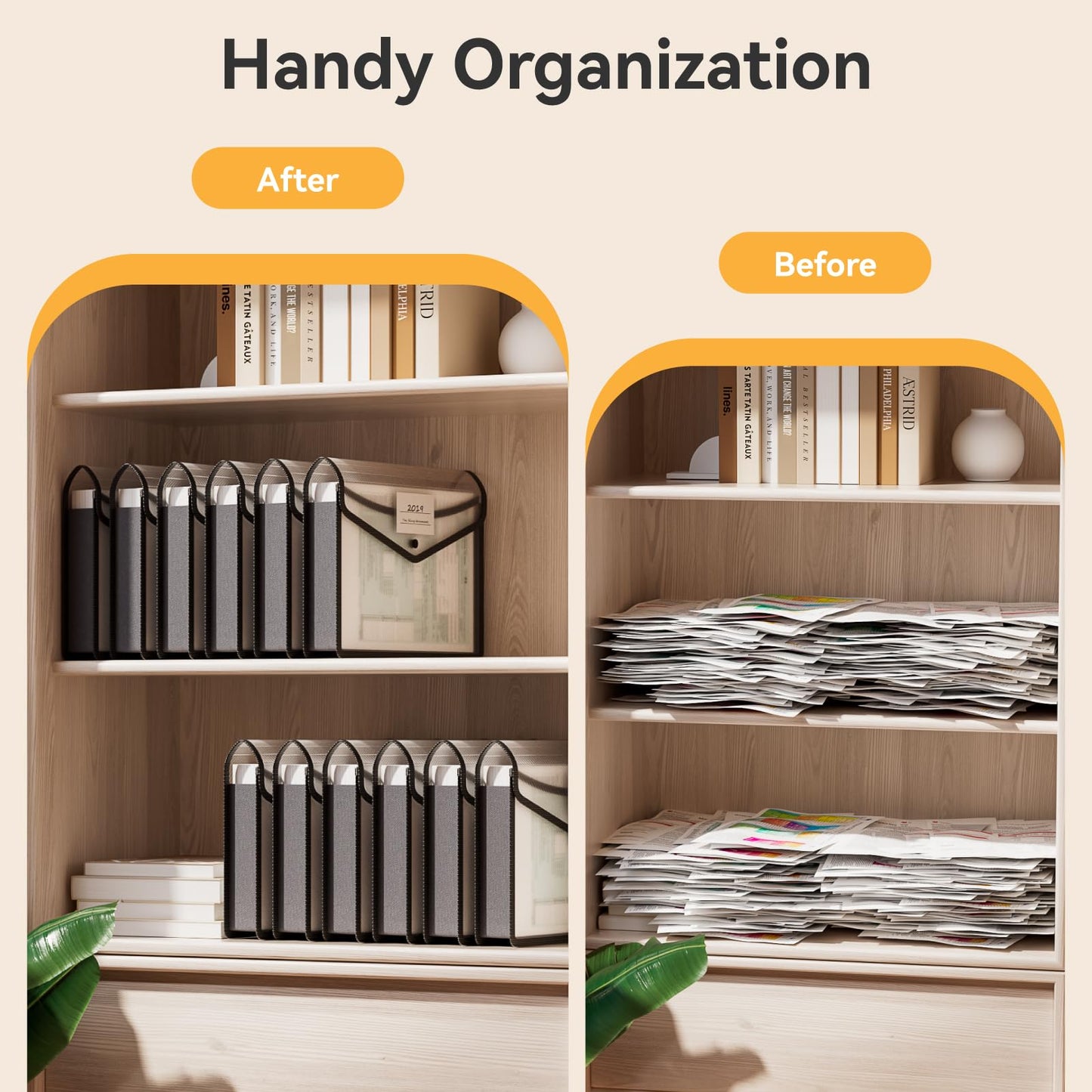 ABC life 6 Pack Plastic Expanding File Folder, Folders for Documents with Snap Closure, Black File Folder Organizer Holder, Transparent Accordion File Pouch,Large Capacity, Fit Letter/A4 Size - Black