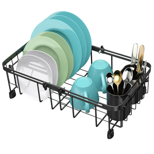 Ceecysaa Dish Drying Rack, Expandable Over The Sink Dish Drying Rack,Adjustable Dish Rack in Sink,Dish Drainer with Utensil Rack & Handle (30-42.5cm) for Kitchen Counter,Metal,Black