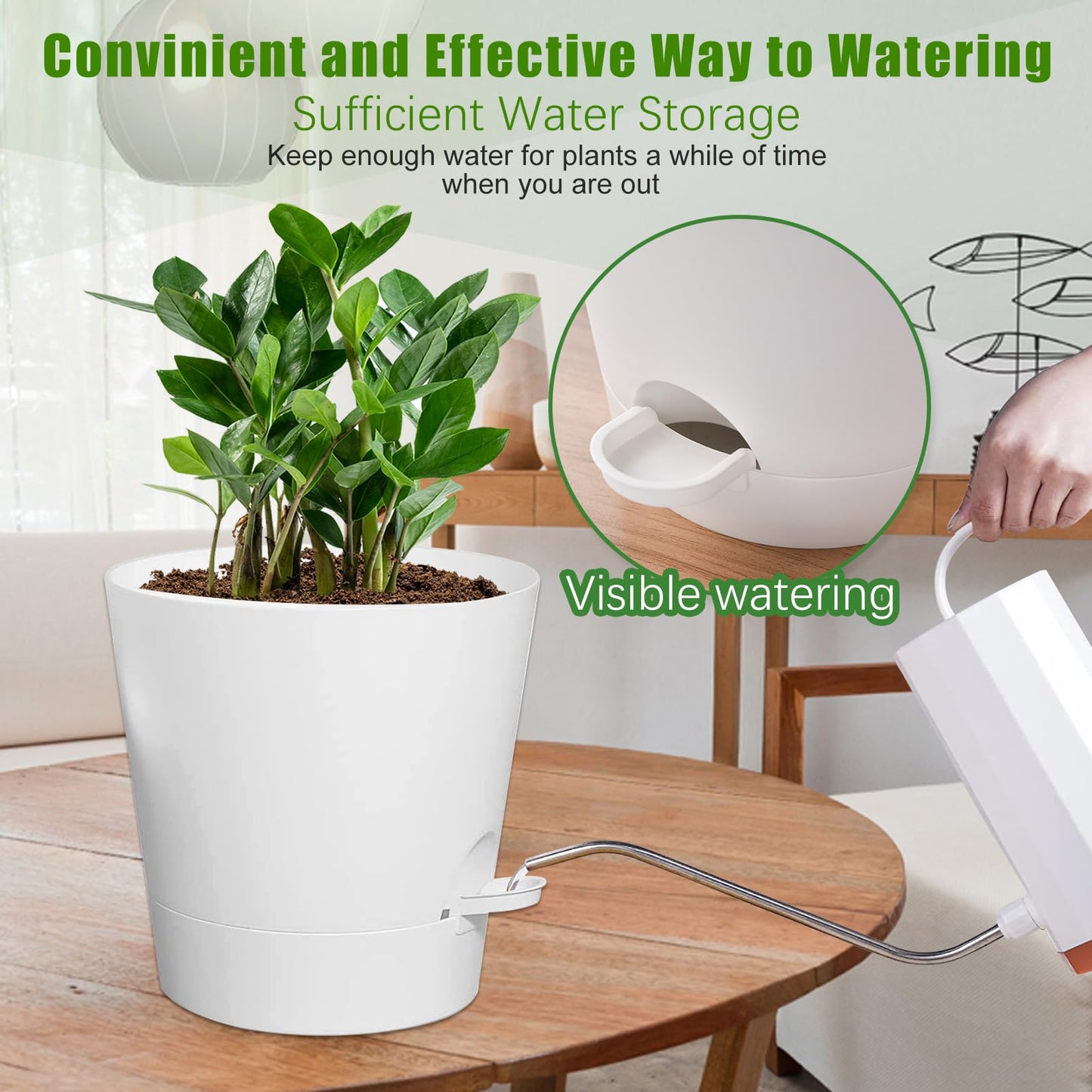 Tsxcnaa Self Watering Pots for Indoor Plants, 5 Packs 7/6.5/6/5.5/5 Inch Self Watering Pots with Drainage Hole and Removable Reservoir Saucers, Plastic Flower Pot (White)