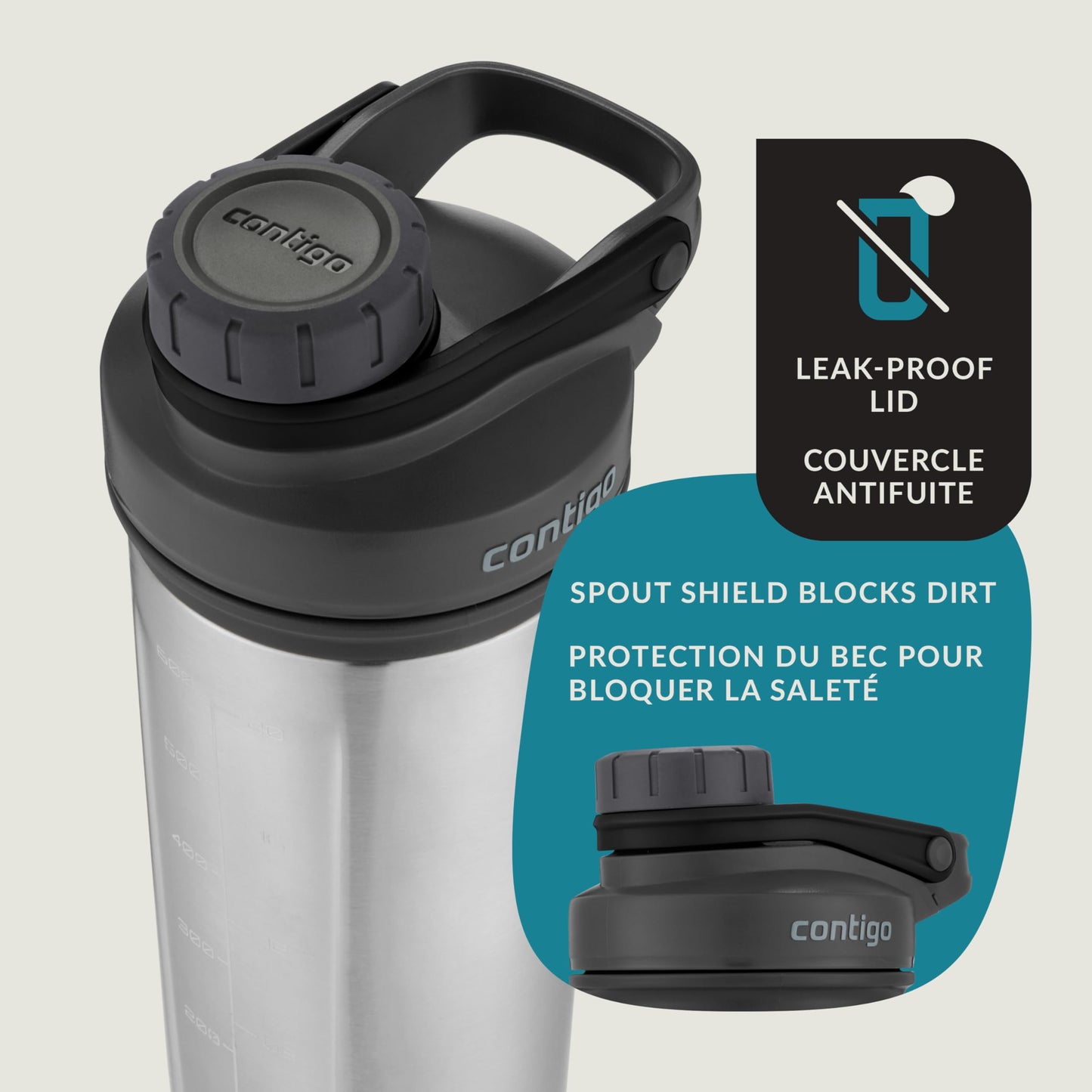 Contigo Fit Shake & Go 2.0 Stainless Steel Protein Shaker Bottle with Leak-Proof Screw Lid, Vacuum-Insulated Mixer Bottle with Whisk and Carry Handle, Grey, 24 oz (709 mL)