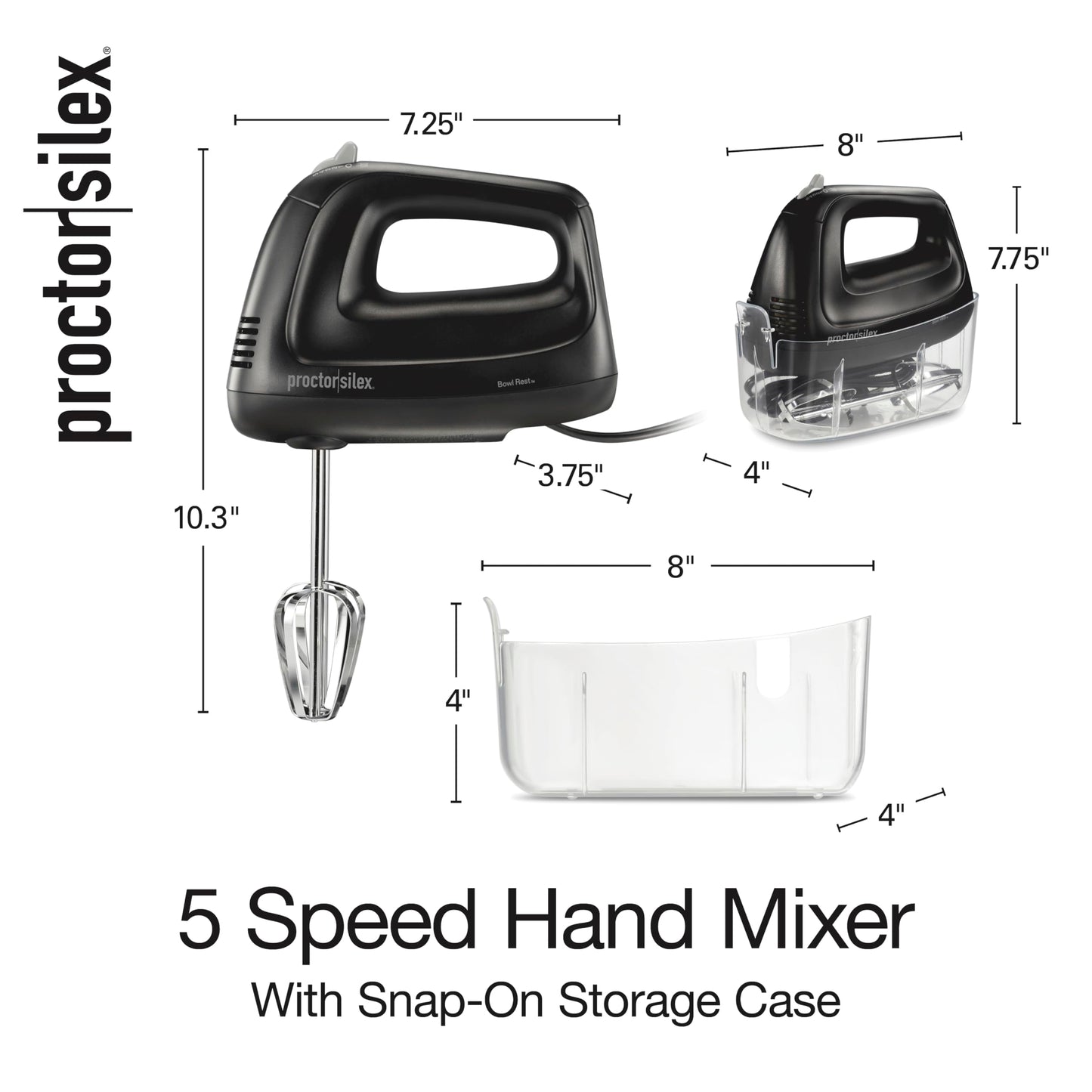 Proctor Silex 5-Speed Electric Hand Mixer for Baking, 100W, Snap-On Storage Case, Lightweight with 2 Beaters, Matte Black (62512)