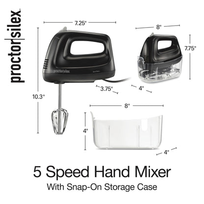 Proctor Silex 5-Speed Electric Hand Mixer for Baking, 100W, Snap-On Storage Case, Lightweight with 2 Beaters, Matte Black (62512)