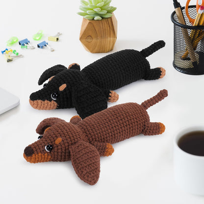 Crochet Kit for Beginners - 2 PCS Dachshund Crochet Kits with Step-by-Step Video Tutorials, Beginner Crochet Kit for Adults, Crochet Animal Kit for Kids, Dog Crocheting Set (Brown & Black)