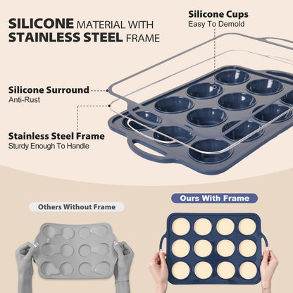 Vnray 2 Pack Silicone Muffin Pan with Metal Frame, Non Stick Silicone Cupcake Pan with Handles Regular 12 Cup, BPA Free Silicon Muffin Tin Tray for Baking, Egg Bites, Cupcake Mold Grey