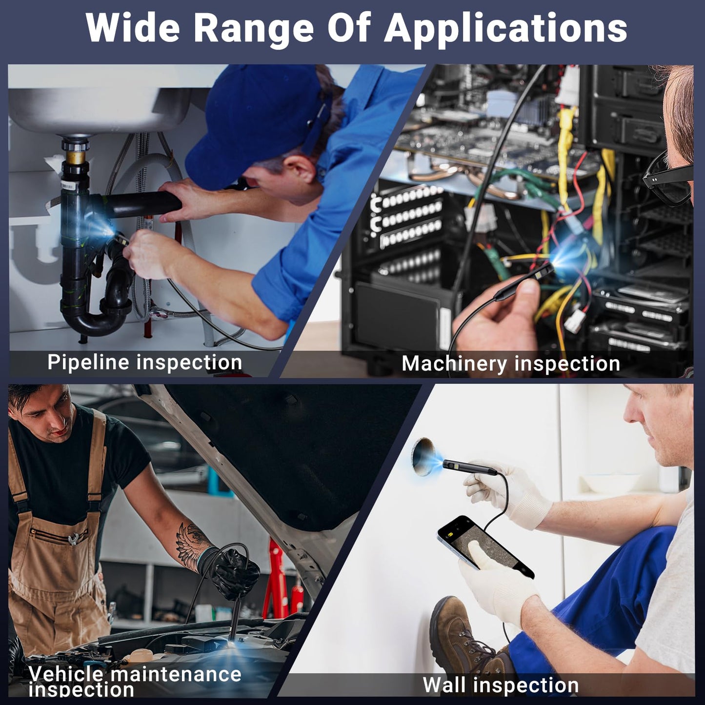 Preciva Endoscope Camera with Dual Lenses, 1920P HD Borescope Camera with 8 Adjustable LED Lights, 16.5ft Semi-Rigid for iOS and Android