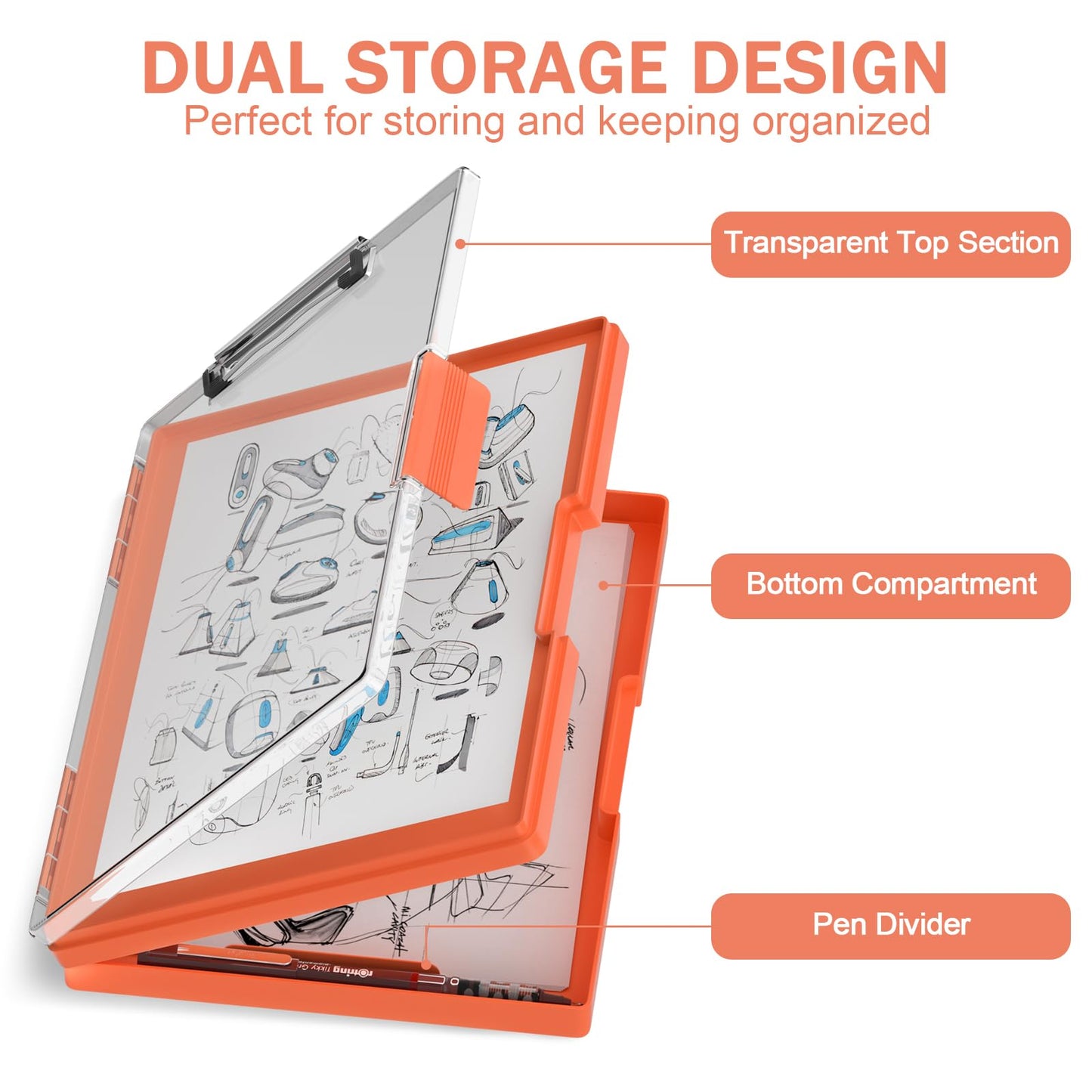 Rimilak Plastic Clipboard with Storage, Side Opening Clip Boards with 2 Storage Case, High Capacity Nursing Clipboards with Heavy Duty Clips for Work School Office Supplies, Orange