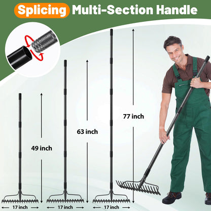 Rake for Lawn, 63" Long Handle, 17 Inch Wide Heavy Duty Garden Rake Thatch Leaf Rakes for Raking Leaf Loosening Soil Gathering Mulch Leveling Rocks, Rustproof Metal Bow Rakes for Leaves Grass