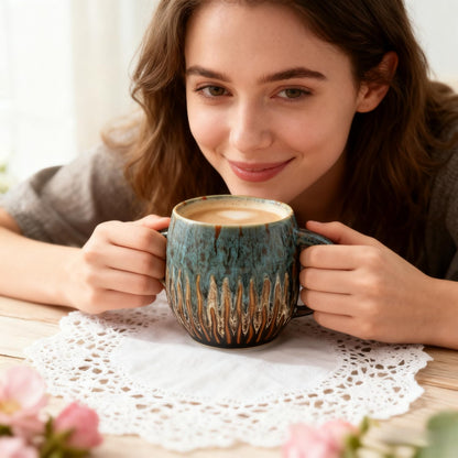 20oz Large Coffee Mug - Unique Handcrafted Look Ceramic Cup, Large Tea Mug, Microwave & Dishwasher Safe (Blue)