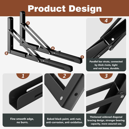 Cudebo 16 Inch Folding Shelf Brackets, Heavy Duty Shelf Brackets for Work Bench, Wall Desk, Support Tablette, Space Saving DIY Bracket, Max Load 220LB/100KG, Pack of 2, with Screws
