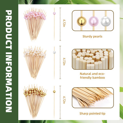 600Pcs Cocktail Picks Toothpicks for Appetizers 4.7" Fancy Gold and Pink Ball Bamboo Skewers Wood Food Sticks Decor for Party Fruit Drinks Sandwich Wooden Charcuterie Boards Accessories