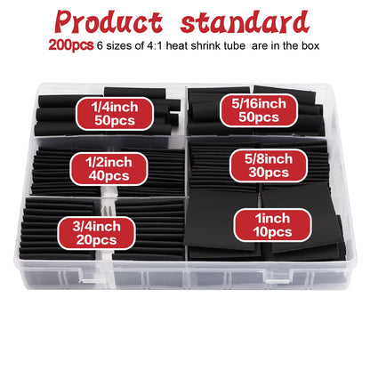 200PCS Heat Shrink Tubing Kit, Dual Wall Tube, Marine Shrink Tubing, Adhesive Lined(Shrink Ratio4:1,Black)