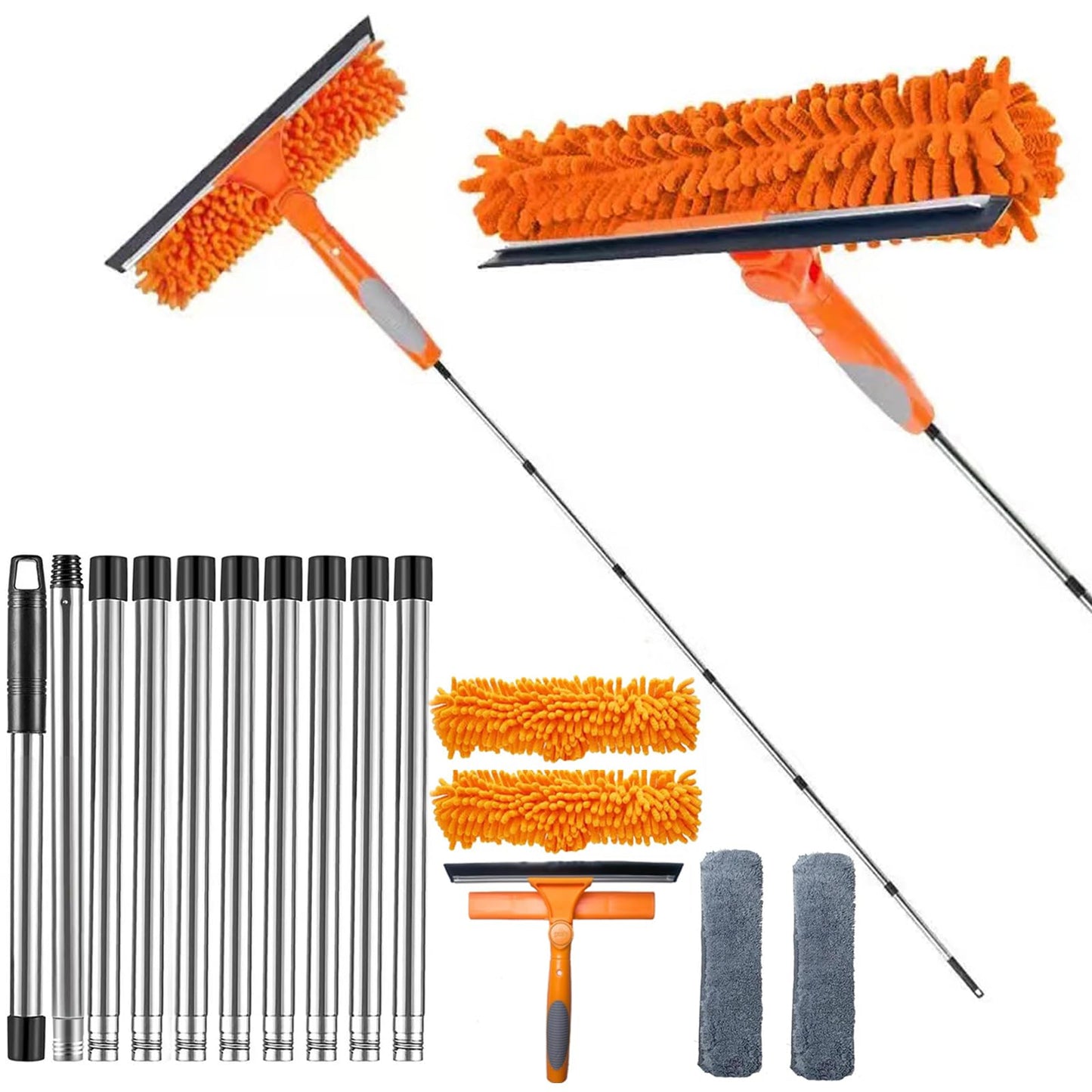 2 in 1 Window Cleaning Tools Squeegee, Double-Sided Professional Cleaner Rotatable Window Kit with Long Handle Pole 20+ Ft, Chenille Microfiber Duster Pads Scrubber for Indoor Outdoor High Glass