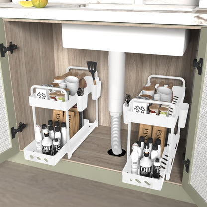 2 Pack Under Sink Organizer for Efficiently Utilizing Space, 2 Tier Bathroom Cabinet Organizers and Storage, Multi-purpose Kitchen Organizer and Storage with Hooks and Cups(White)