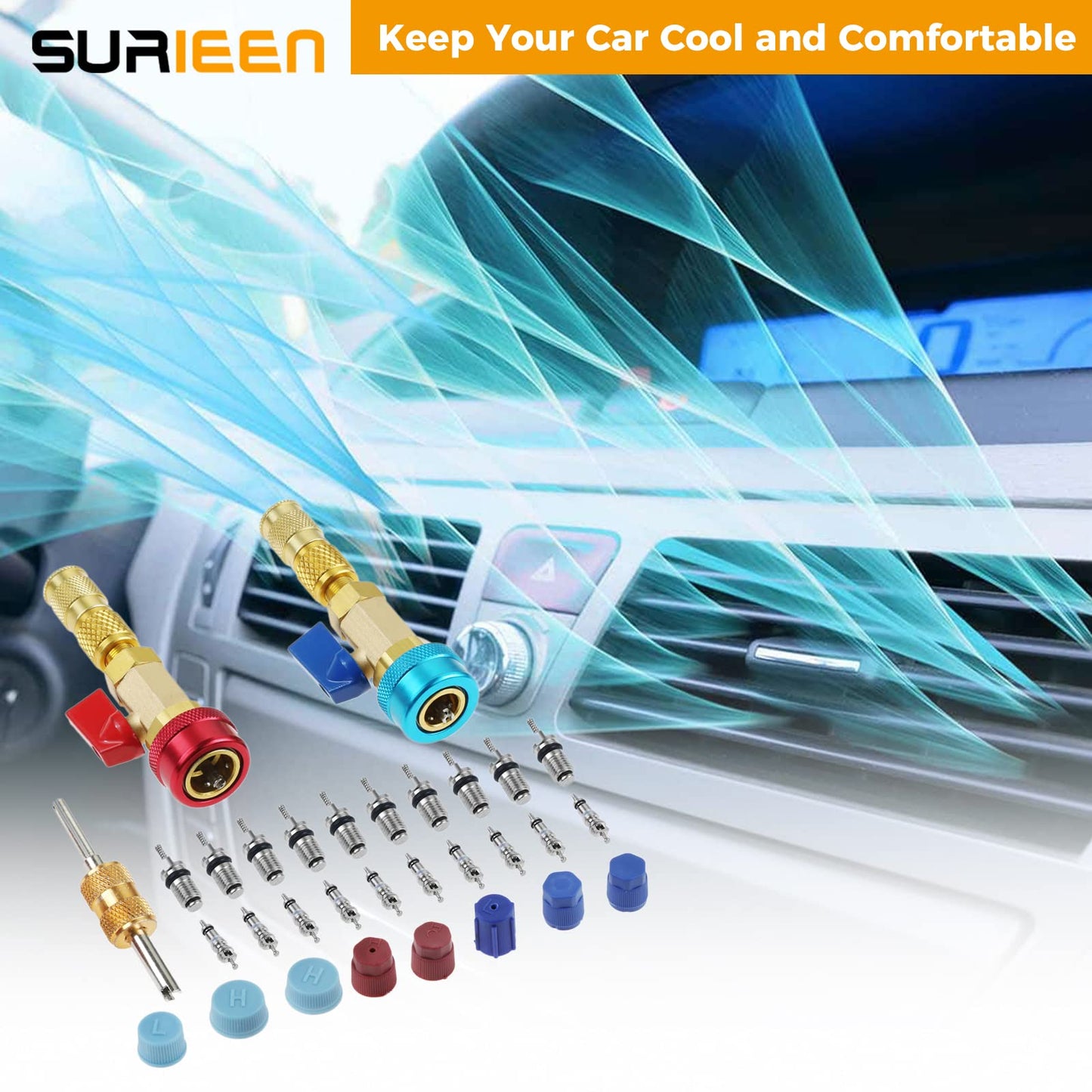 Surieen R134A Valve Core Quick Remover Installer Tool Set, AC High Low Pressure Valve Core Remover Tools Kit for R134A Refrigerant Air Conditioner System