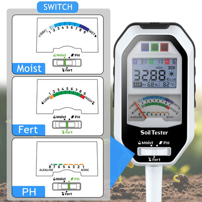 Soil Moisture Meter, 7-in-1 Soil PH Tester/Soil Moisture/Fertility with Removable Probe, Digital Air Temp/Humidity/Sunlight Intensity/BGR Spectral for Plants Gardening, Lawn and Indoor Outdoor Plants