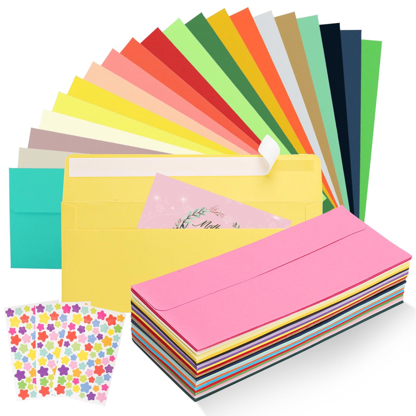 100 PCS Colorful Envelopes, #10 Business Mailing Envelopes Self Seal Square Flap for Letter, Invitations, Office, Size 4 1/8 X 9 ½ Inch