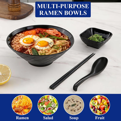Berglander Ramen Bowl Set 1200mL of 2 with Dipping Bowls Chopsticks Spoons, Unbreakable Japanese Style Plastic Noodle Soup Bowls for Asian Pho Soup Thai Miso Udon Wonton
