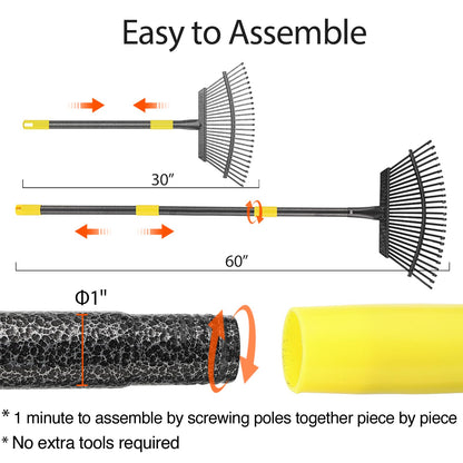 Rake for Leaves, 25 Tines 18" Wide Metal Leaf Rake with 32 Gallon Lawn and Leaf Bags & Leaf Scoops, Garden Adult Kids Lawn Shrub Yard Landscape Rake Heavy Duty Long Handle 30-60