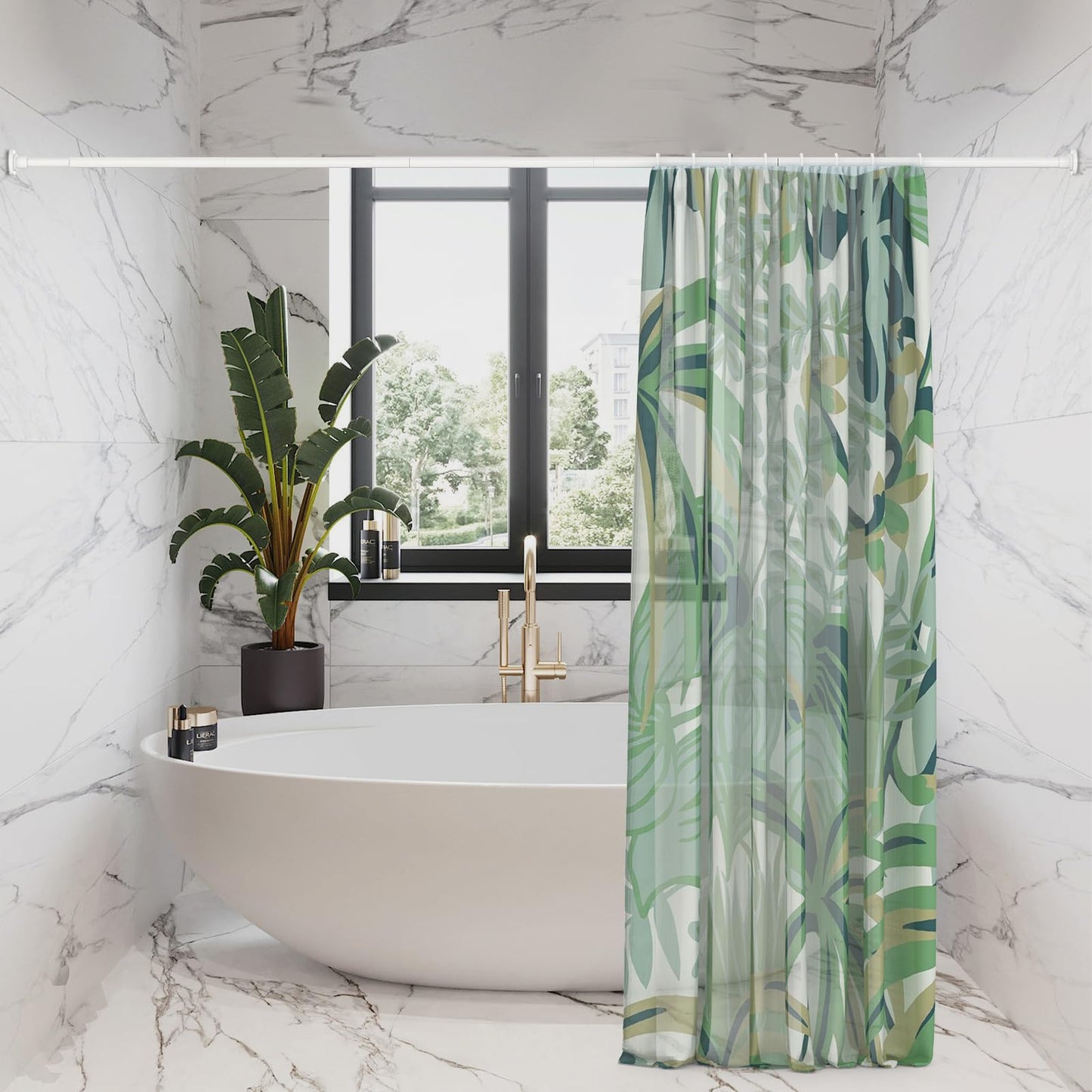 SUNALLY Shower Curtain Rod Adjustable 32-75 Inch, Spring Tension Shower Curtain Rods Stainless Steel Telescoping Curtain Rod for Bathroom or Windows, No Drilling, No Slip, No Rust, White