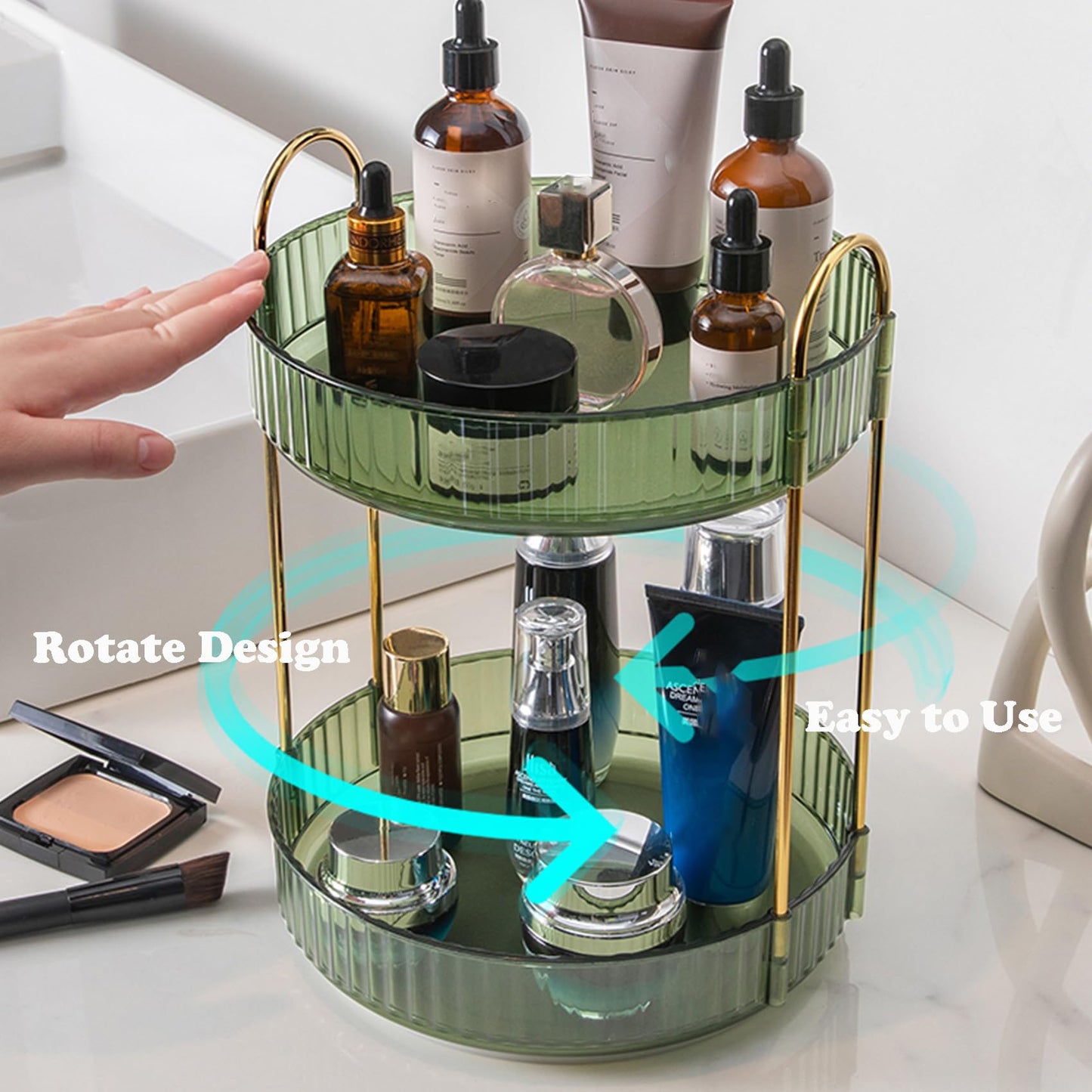 Rotating Makeup Organizer, 2 Tier Large Capacity Perfume Organizer, Cosmetic Organizer for Vanity Bathroom Bedroom, Green