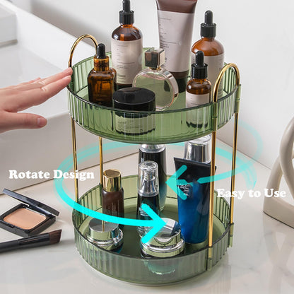 Rotating Makeup Organizer, 2 Tier Large Capacity Perfume Organizer, Cosmetic Organizer for Vanity Bathroom Bedroom, Green