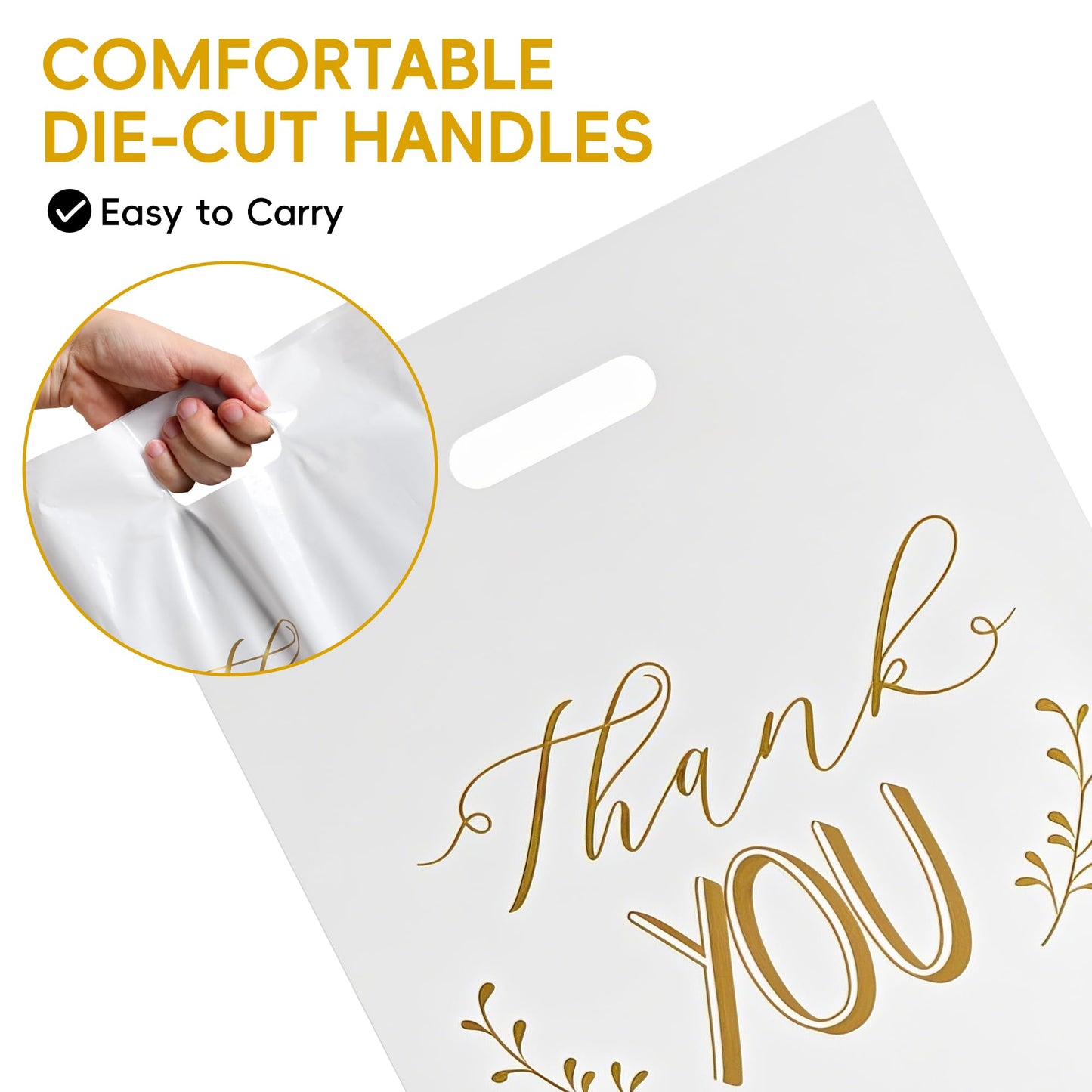 POPGIFTU Thank You Bags for Business Small - 12"x15" Reusable White Retail Plastic Shopping Bags with Die Cut Handle, 100 Pack - Perfect for Boutique, Clothing Stores, Gifts, Trade Shows, Wholesale