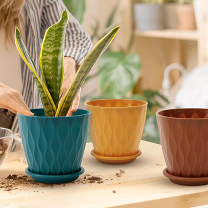 6 Inch Plant Pots with Drainage Holes and Saucers, Multicolor Flower Planters for Indoor Outdoor Use, 5 Pack
