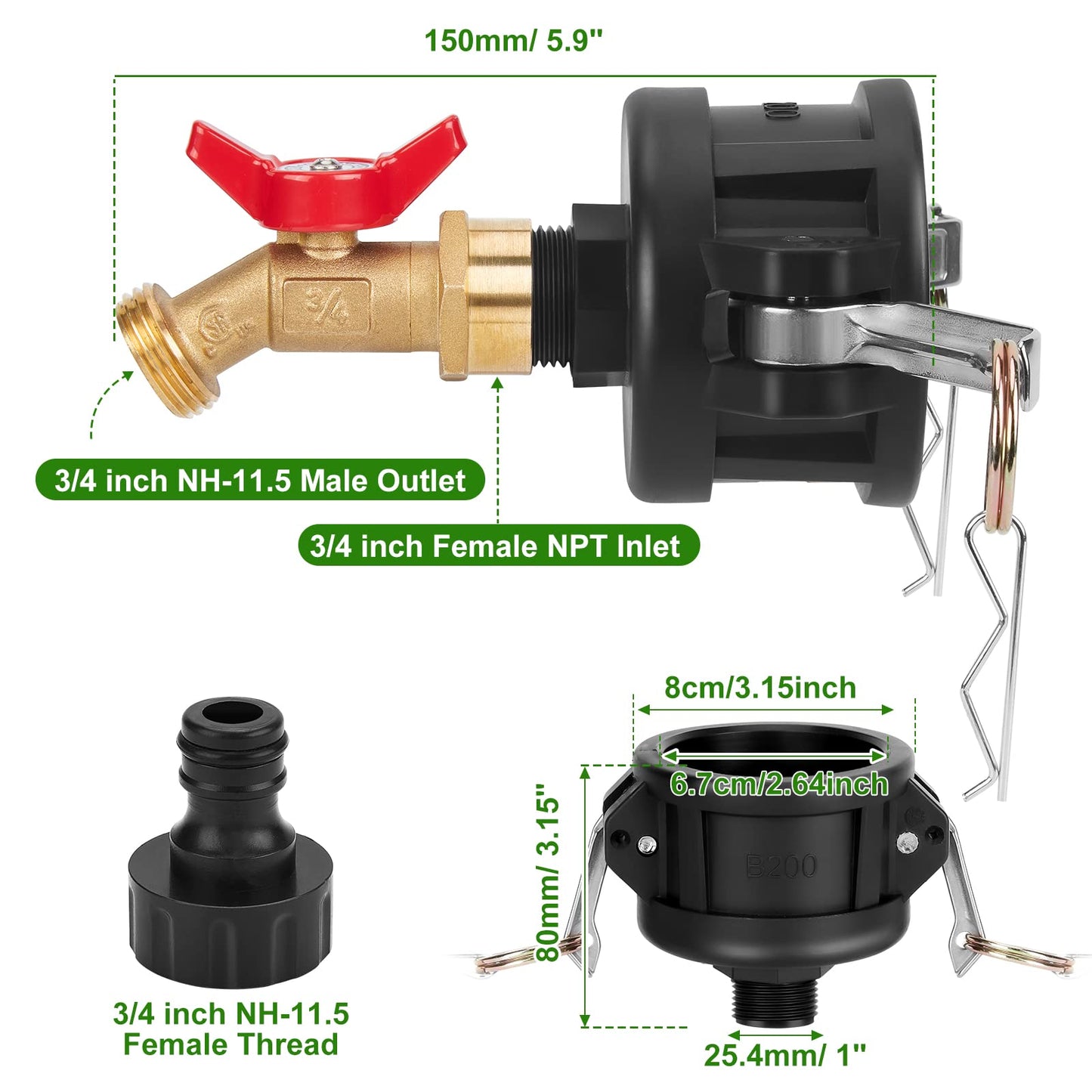 WADEO 330 275 Gallon IBC Tote Fittings, IBC Tote Adapter 2 inch Cam Lock for Garden Hose 3/4 inch Outlet, with Valve Control 2 Hose Adapters and Seal