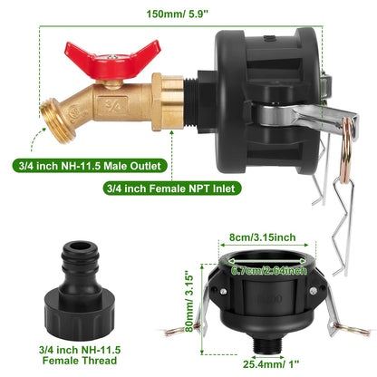 WADEO 330 275 Gallon IBC Tote Fittings, IBC Tote Adapter 2 inch Cam Lock for Garden Hose 3/4 inch Outlet, with Valve Control 2 Hose Adapters and Seal