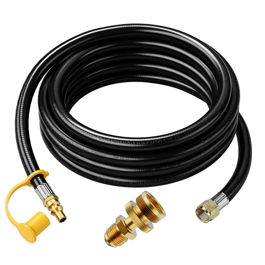 Rushare 15 FT Propane Quick Connect Hose for RV to Gas Grill, 1/4" Male Quick-Connect Fitting to 3/8" Female Flare & 1''-20 Male Throwaway Cylinder Thread, for Portable Propane Appliance