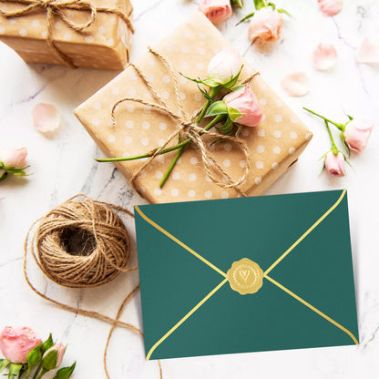 Supkiir 5x7 Envelopes for Invitations, 100 Pack V Flap Green Invitation Envelopes with Gold Border, Self Adhesive Envelope for Birthday, Weddings, Graduations, Baby Shower