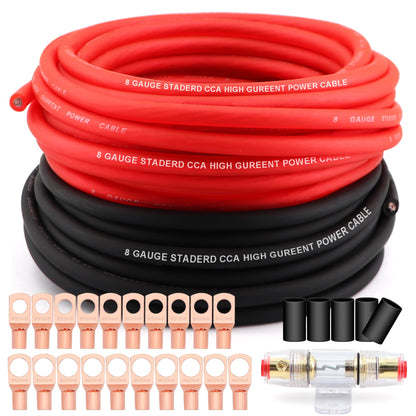 Taukealugs AWG 8 Gauge Wire Cable (25ft Each - Black/Red) Copper Clad Aluminum CCA with 8ga terminals,60A ANL Fuse Block and Heat Shrink Tube for Audio Speaker,Power Inverter Amp Wiring kit