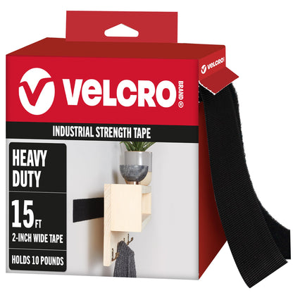 VELCRO Brand Heavy Duty Tape with Adhesive | 15 Ft x 2 In | Holds 10 lbs, Black | Industrial Strength Roll, Cut Strips to Length | Strong Hold for Indoor or Outdoor Use