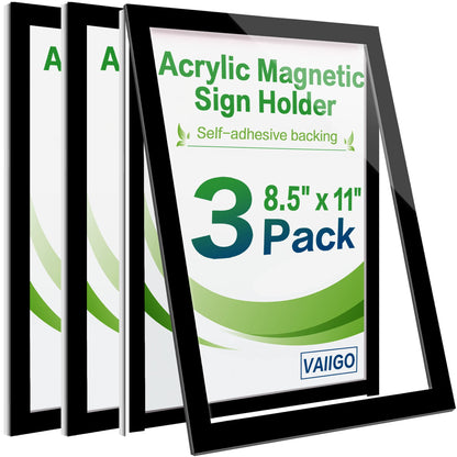 VAIIGO Acrylic Sign Holder 8.5" x 11", 3 Pack Self Adhesive Magnetic Wall Mount Sign Holder with Nano Tape and Magnetic Border, Horizontal or Vertical Sign Holder for Wall, Glass, Home, Store, Office