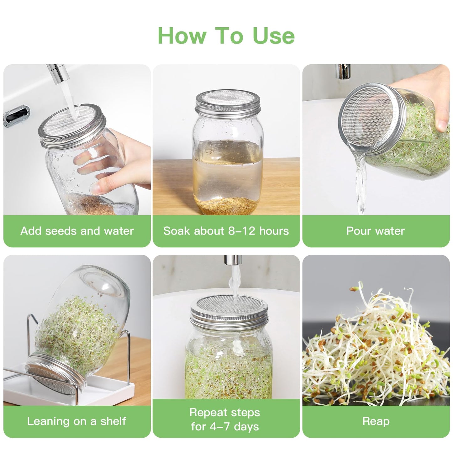SBMKK Seed Sprouting Jar Kit - 2 Wide Mouth Mason Jars with 316 Stainless Steel Sprouting Lids Covers, Drip Tray and Stand for Growing Broccoli Alfalfa Beans Sprout (Two Jars)