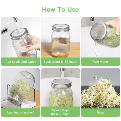 SBMKK Seed Sprouting Jar Kit - 2 Wide Mouth Mason Jars with 316 Stainless Steel Sprouting Lids Covers, Drip Tray and Stand for Growing Broccoli Alfalfa Beans Sprout (Two Jars)