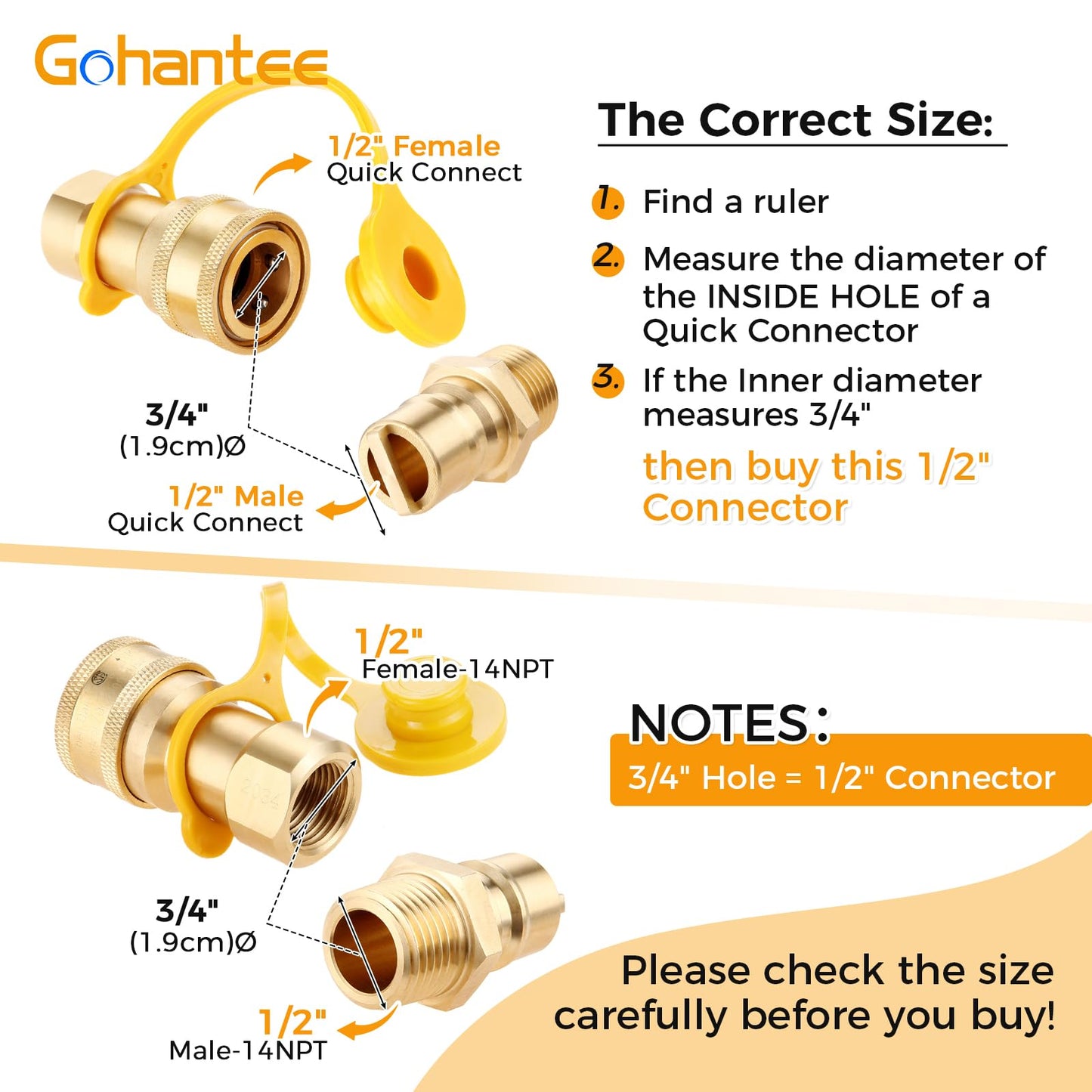 1/2" Gas Quick Connect Kit, Disconnect Connector with Male Insert Plug, Solid Brass 1/2 inch Natural Gas Propane Quick Connect Adapter