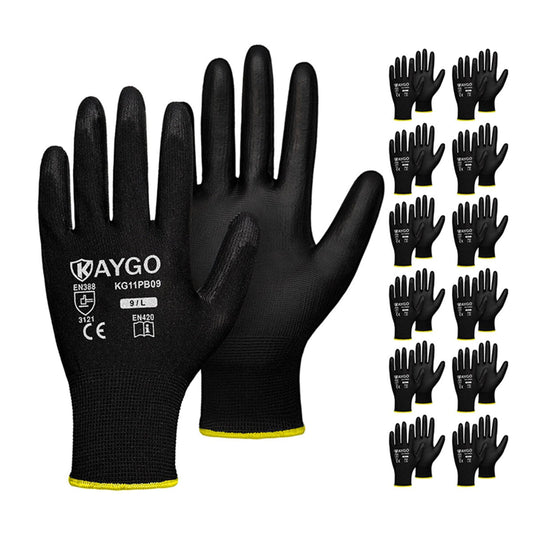 Safety Work Gloves PU Coated-12 Pairs,KAYGO KG11PB, Seamless Knit Glove with Polyurethane Coated Smooth Grip on Palm & Fingers, for Men and Women, Ideal for General Duty Work (L, Black)