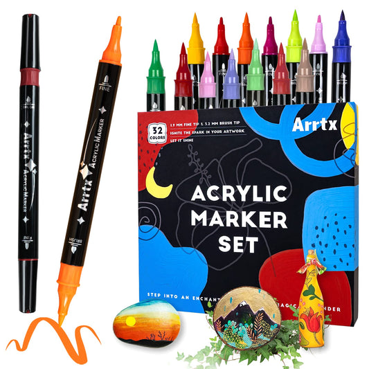 Arrtx Acrylic Paint Pens, 32 Vivid Colors Acrylic Markers with Brush and Fine Tip, Low-Odor Water-based Paint Markers for Rocks, Wood, Metal, Plastic, Canvas, Card Making Decoration