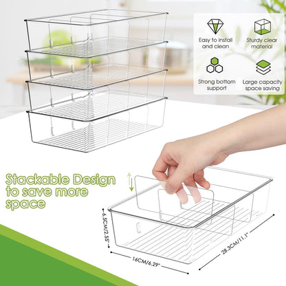 ZIZOTI Clear Pantry Organizer Storage Bins 4 Pack Plastic Removable Snack Organizer Pantry Organization Storage Racks with Removable Dividers, Perfect for Snacks, Packets, Spices, Kitchen, Cabinets