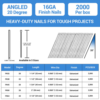 meite 16 Gauge Angled Finish Nails 1-1/4-Inch 32MM 20-Degree Galvanized Finishing Nails for Electric/Pneumatic Nailer Guns - Perfect for Window Trim, Cabinet Building and DIY Projects (2,000 PCS)