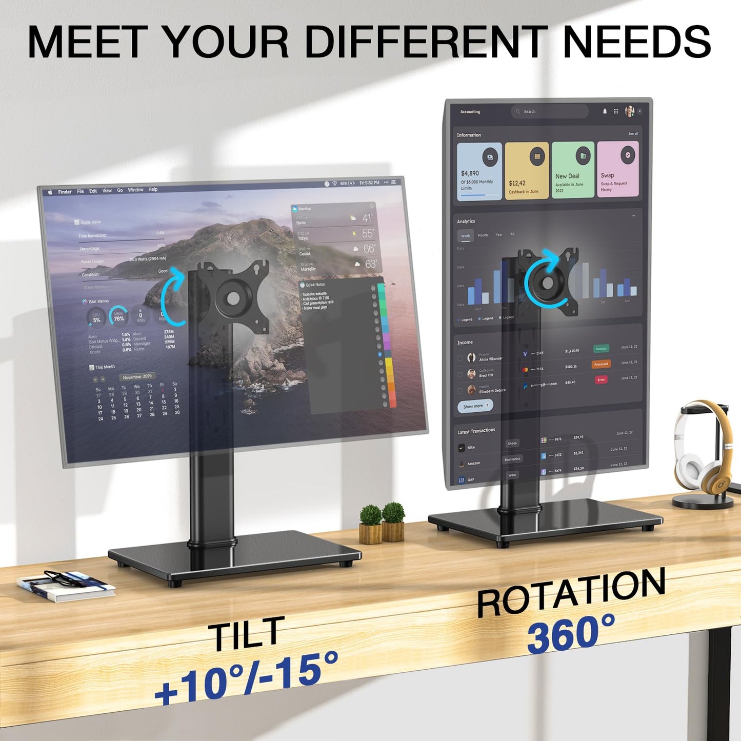 Rfiver Monitor Stand, Single VESA Monitor Stand for Desk with Swivel/Height Adjustable, Computer Monitor Riser for 13-32 inch Screens, Hold up to 44 lbs, Max VESA 100 x 100mm, Black