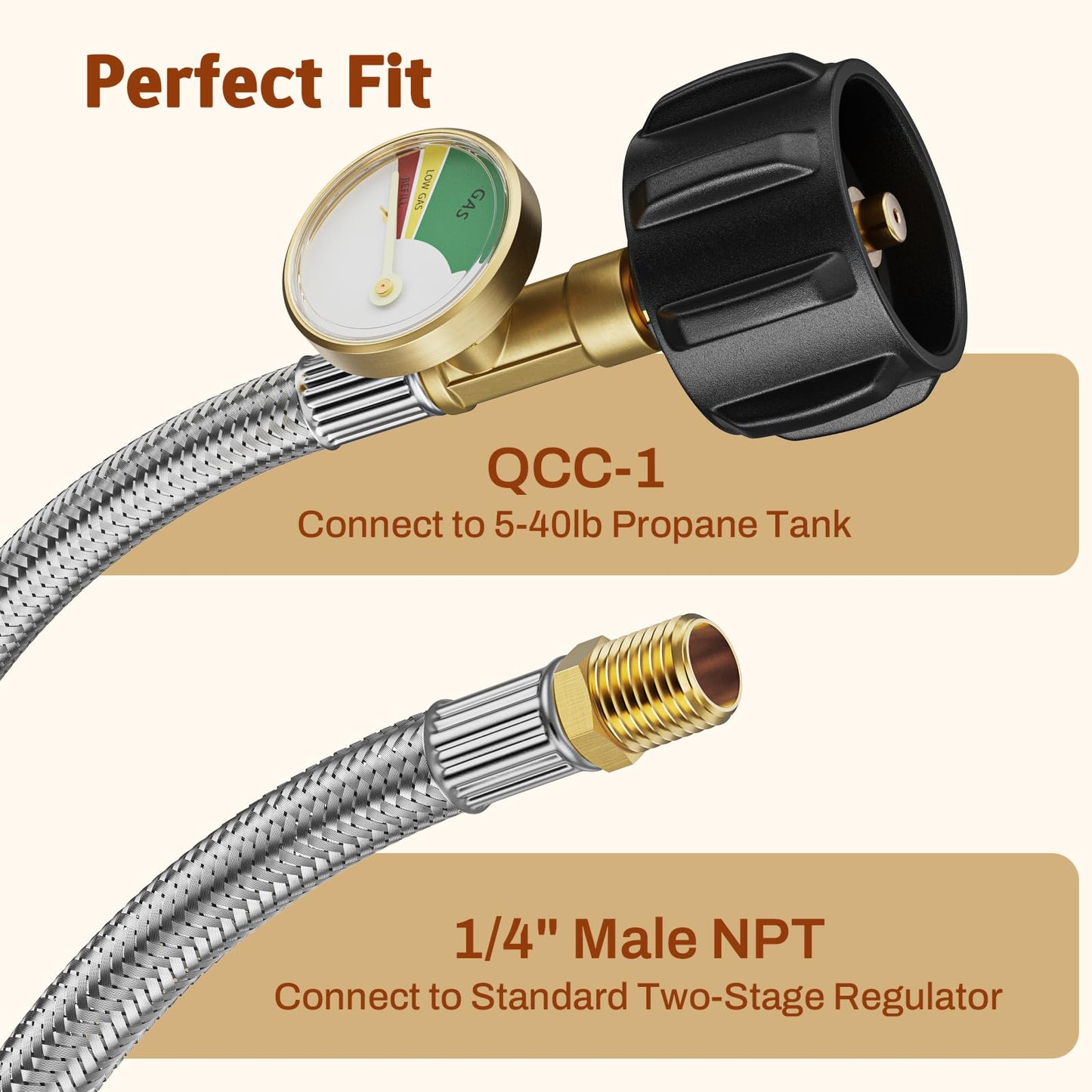 Rushare 15 Inch RV Propane Hose with Gauge, Stainless Steel Braided Camper Propane Hose with 1/4" Male NPT, for Standard 2-Stage Regulator, 2-Pack