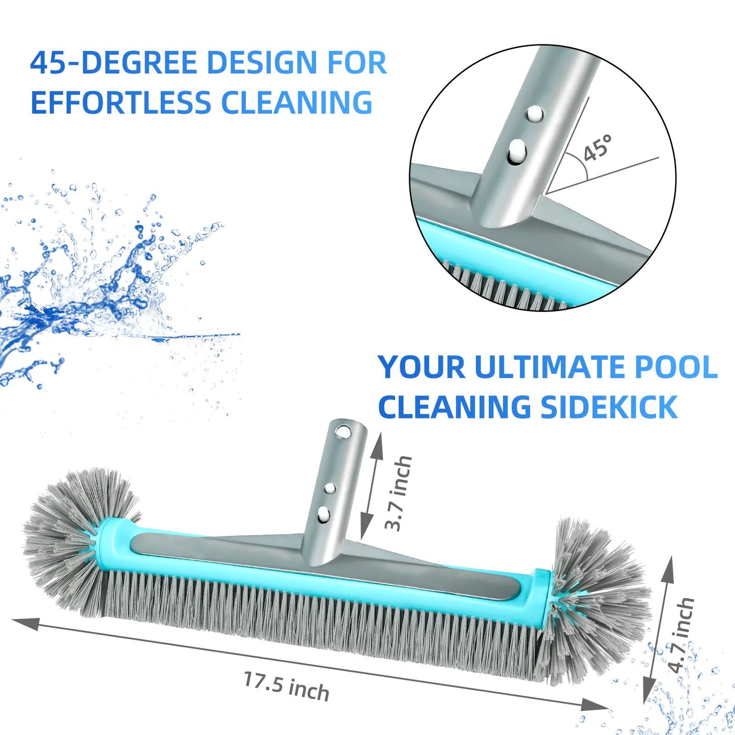 WXFANA Pool Brush Head for Walls, Tiles Floors - 17.5" Heavy Duty Round Scrub Brush with 7 Rows Premium Nylon Bristles & Reinforced Aluminum Back, EZ Clips Design (Blue Grey)