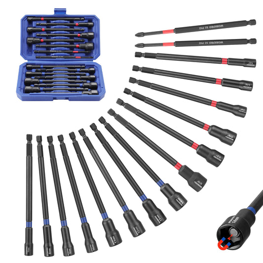 WORKPRO 16-Piece Magnetic Nut Driver Set and Bit, 6" Long Nut Drivers (SAE & Metric), Impact PH2 Bits, 1/4" Hex Shank, Long Power Bits for Drill & Impact Driver, Durable Carry Case Included