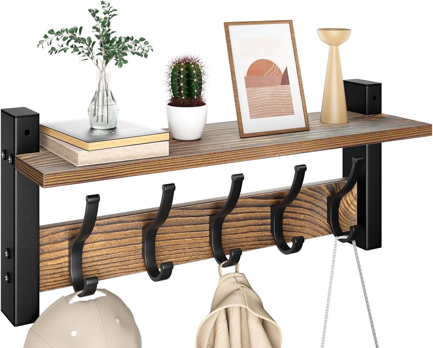 Coat Rack Wall Mount with Shelf, 17.1 Inch Coat Hanger Walls Mounted, Hat Rack for Walls, Shelf with 5 Coat Hooks, Wall Hanger for Entryway (Brown)